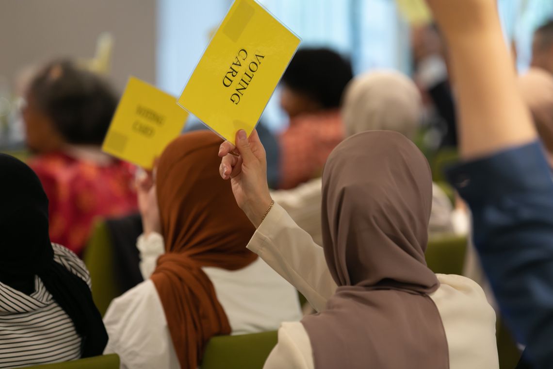 ENAR members holding yellow voting cards up in their hands